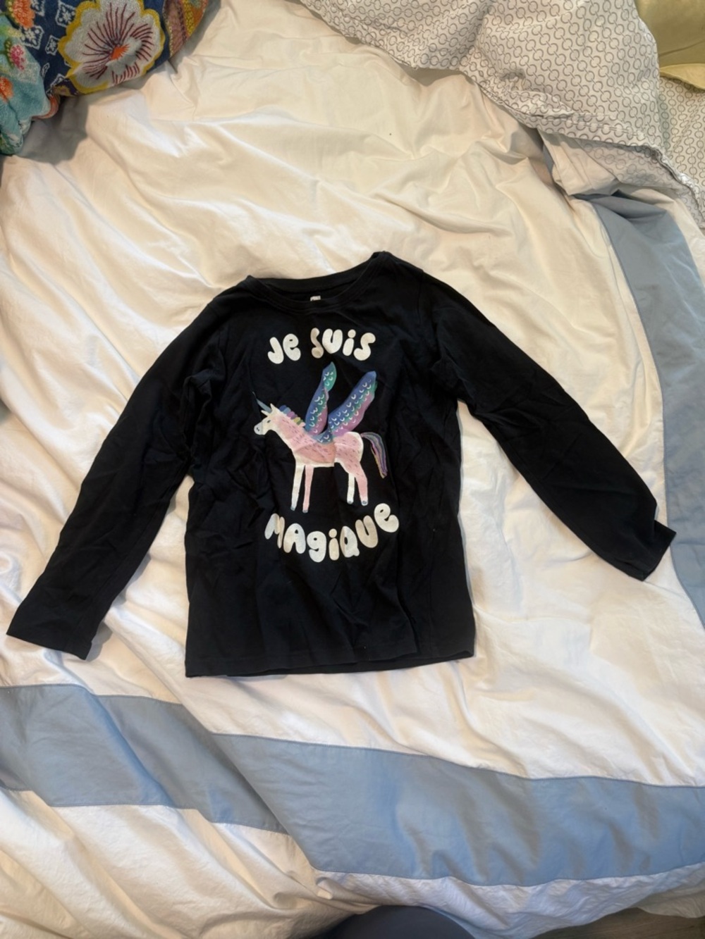 Tea Collection Black Long-Sleeve Top with Pastel Unicorn Graphic